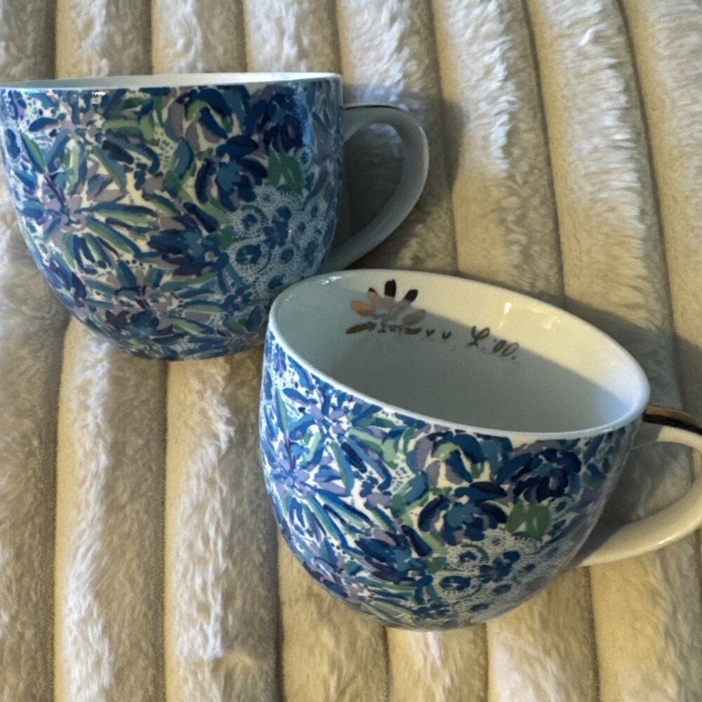 Lilly Pulitzer Ceramic Mug Coffee Tea Blue Floral Gold Trim 12 Oz. Set of Two 2